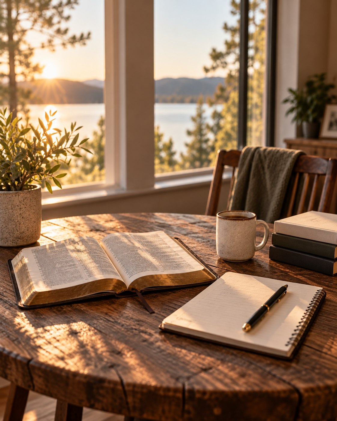 An open Bible, coffee and notebook on a wooden table beside a sunlit lake window